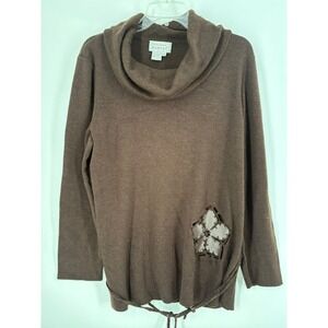 Adrianna Papell Women's Brown Cowl Neck Long Sleeve Sweater XL Floral Accent‎